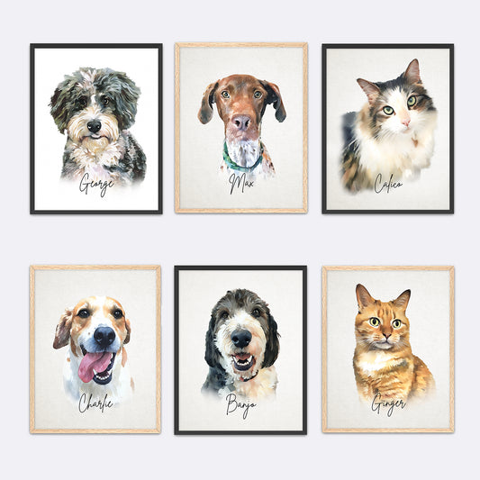 Custom Pet Portrait | Watercolor-Style Dog & Cat Art Print | Personalized Pet Keepsake